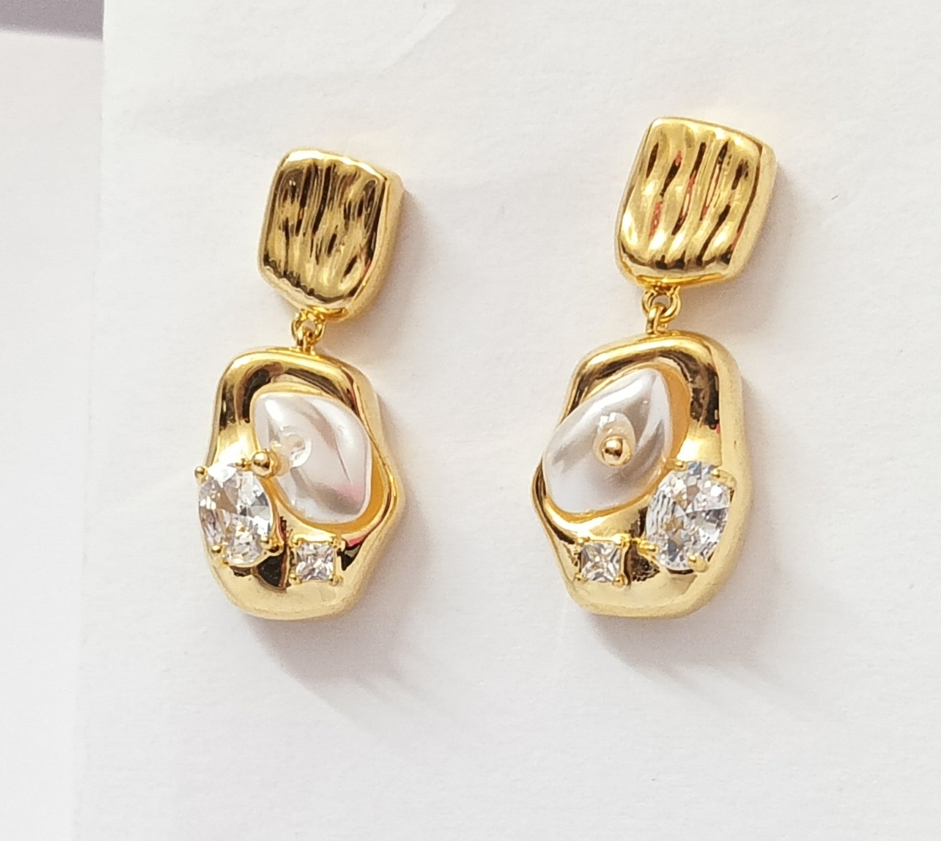 Textured Gold Pearl Drop Earrings with CZ Stones.
