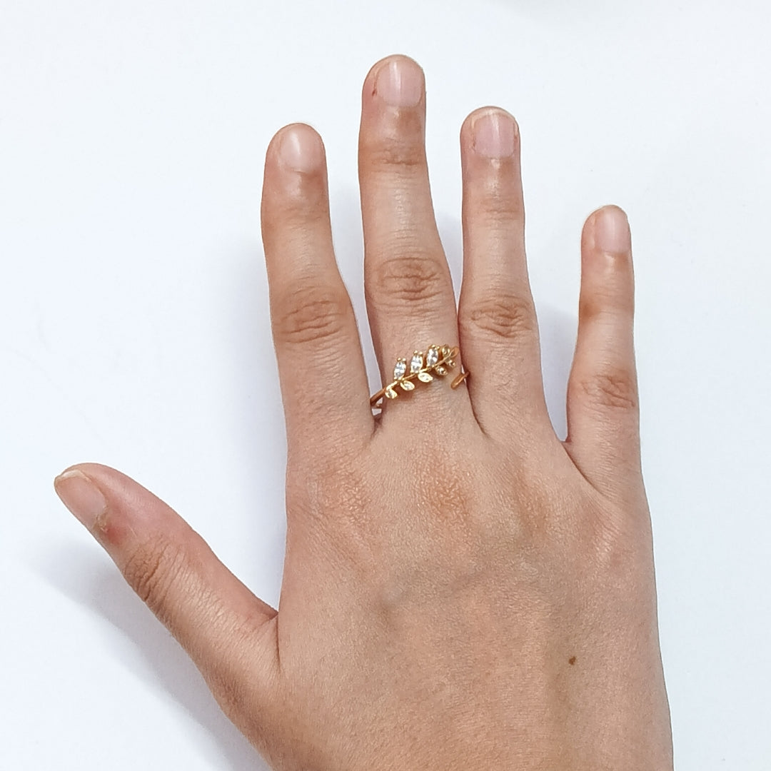 Delicate Gold Plated Adjustable Leaf Ring with Cubic Zirconia