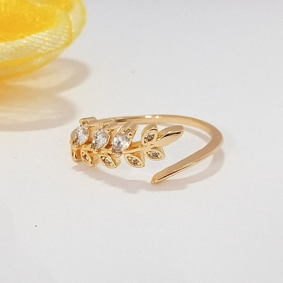 Delicate Gold Plated Adjustable Leaf Ring with Cubic Zirconia