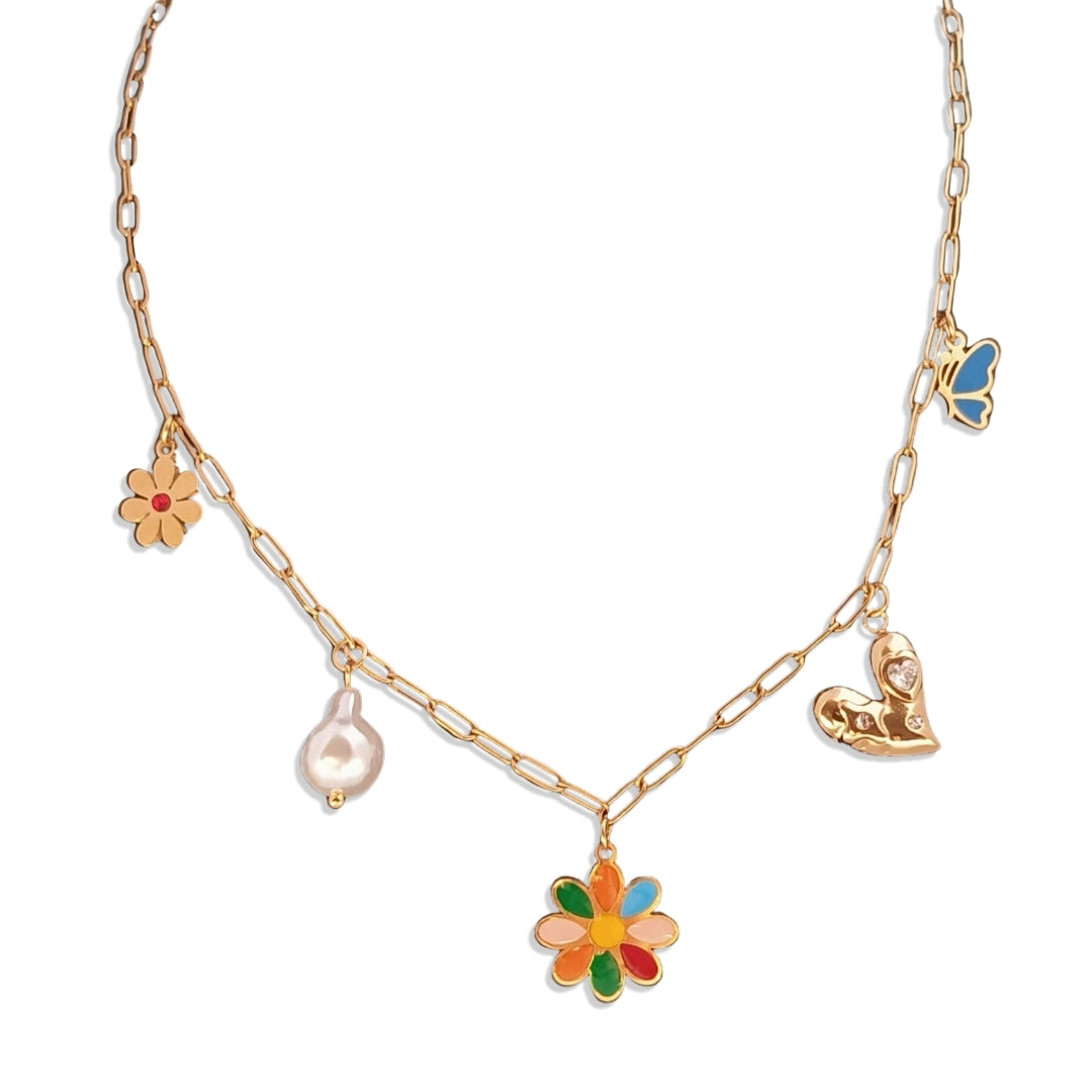 18K Gold Plated Link Chain with Colorful Multi-Charm Pendants