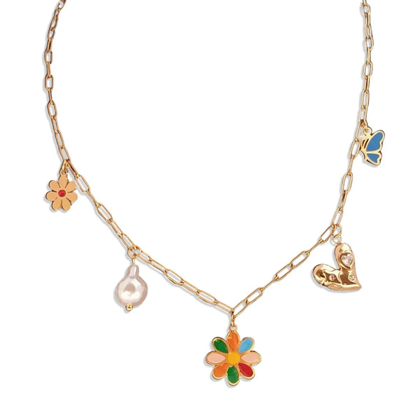 18K Gold Plated Link Chain with Colorful Multi-Charm Pendants