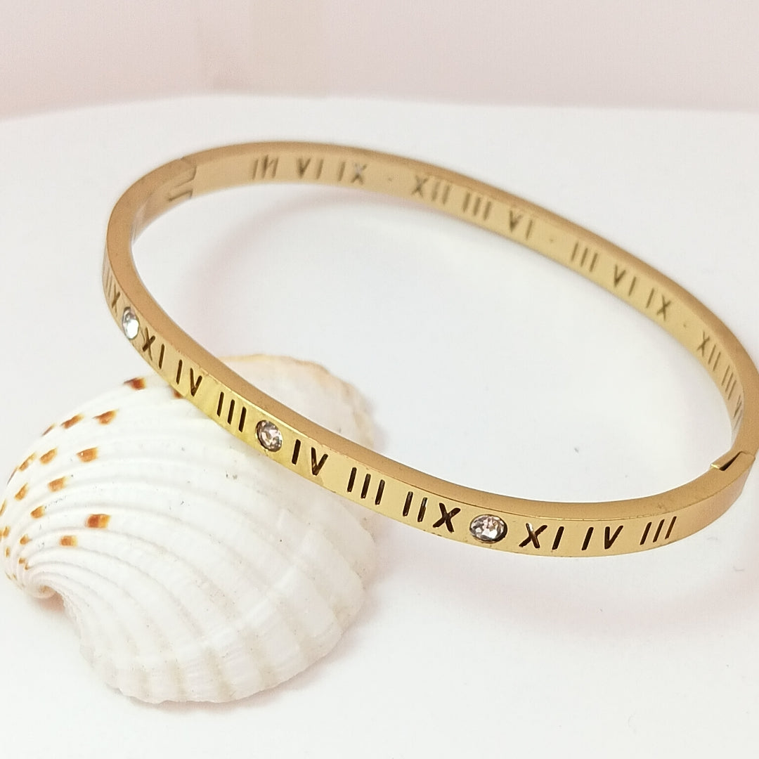 18K Gold Plated Roman Numeral Bangle with Crystals