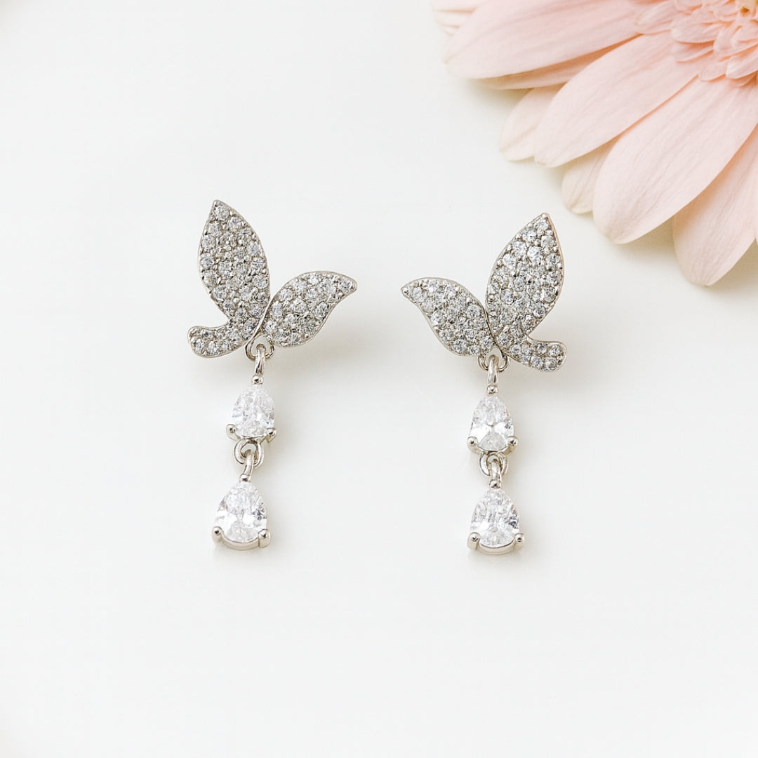 Sterling Silver Bird Drop Earrings with American Diamonds