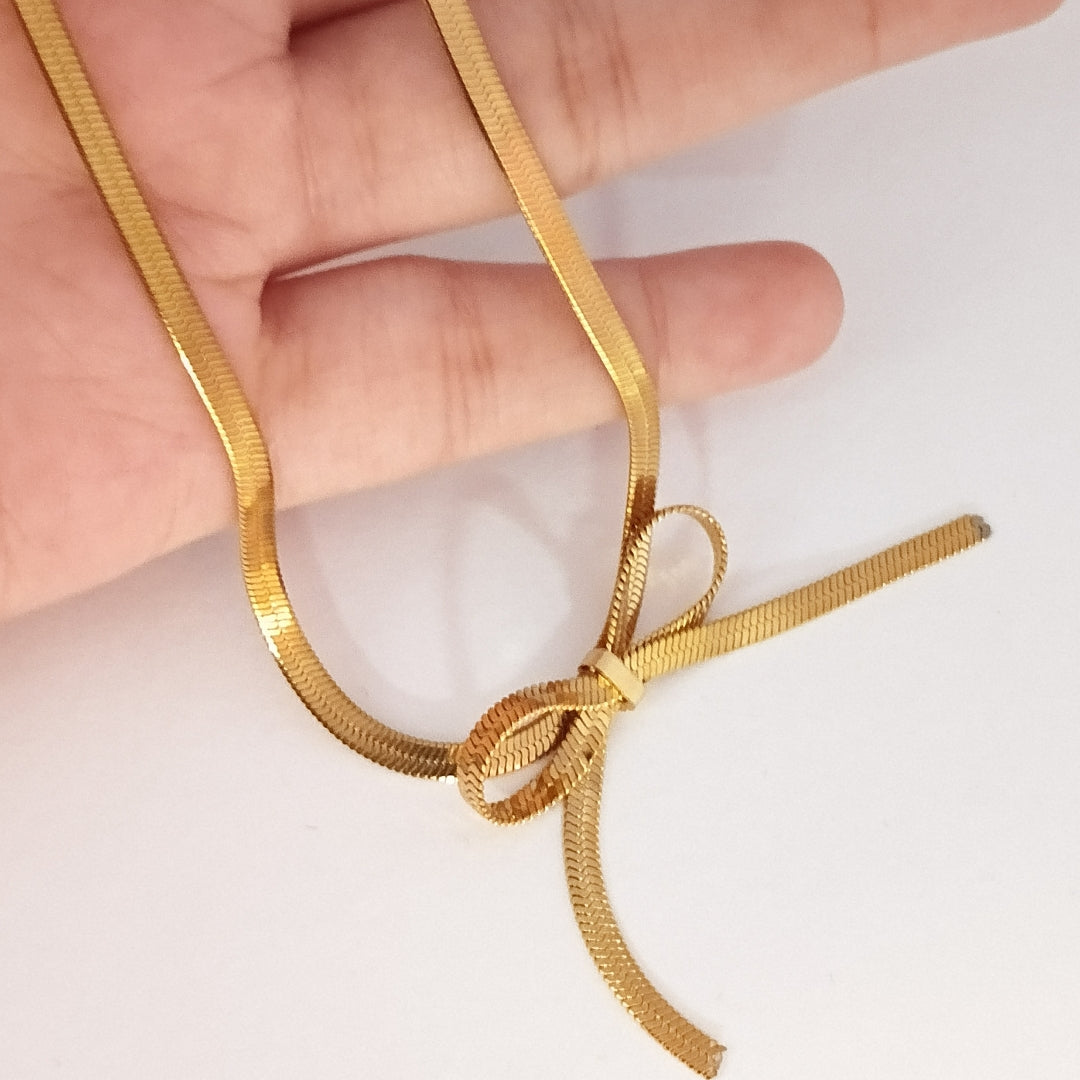 18K Gold-Finished Bow Pendant Necklace with Snake Chain