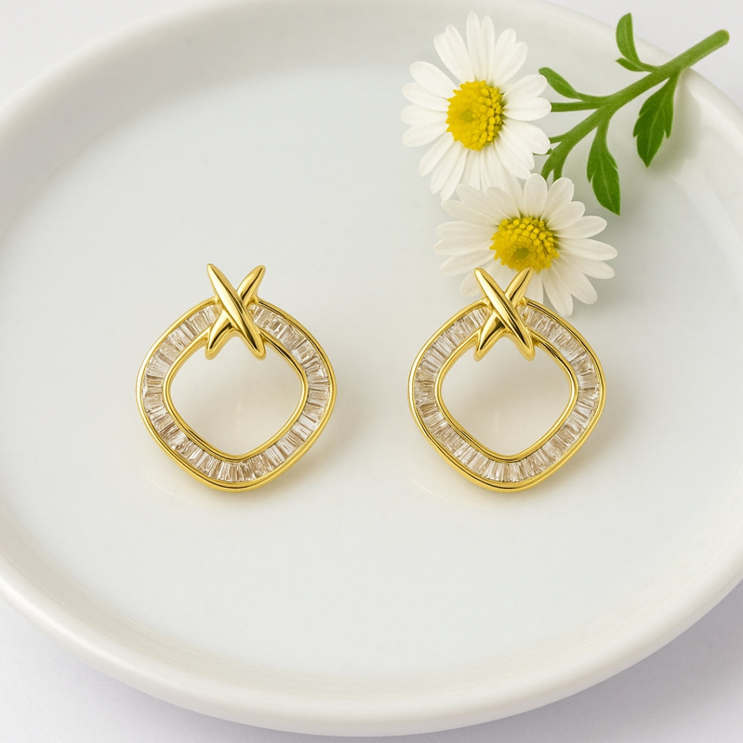 Gold-Plated American Diamond Earrings – 925 Silver Post