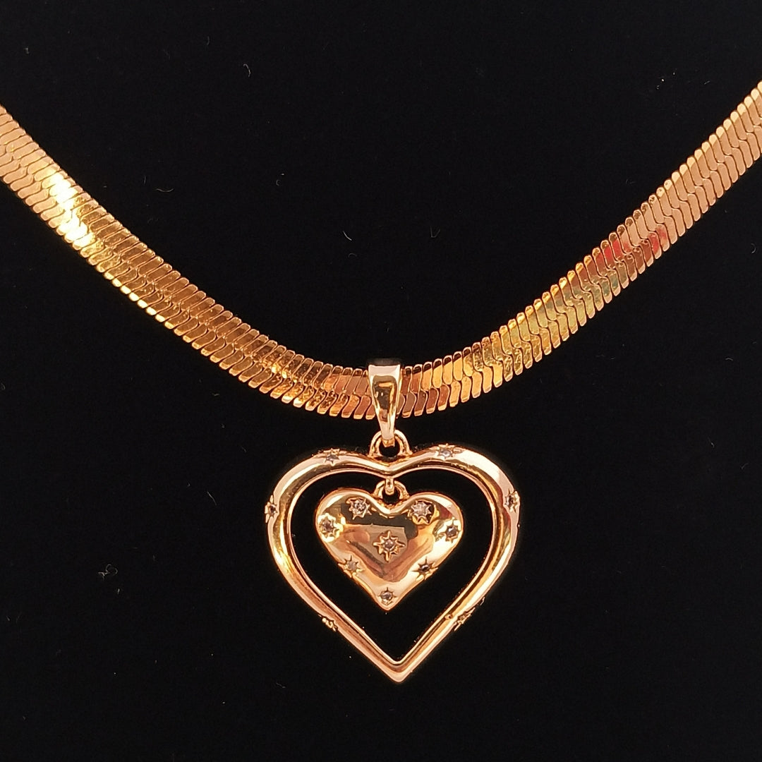 Double Heart Pendant Necklace with Snake Chain