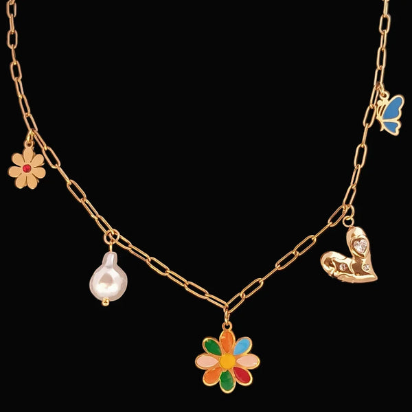 18K Gold Plated Link Chain with Colorful Multi-Charm Pendants