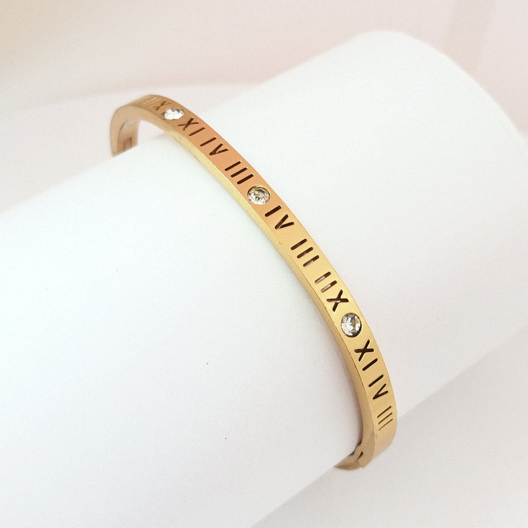 18K Gold Plated Roman Numeral Bangle with Crystals