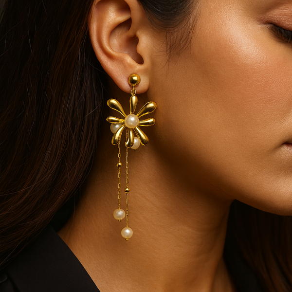 Golden Bloom Pearl Drop Earrings