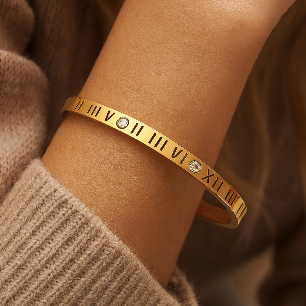 18K Gold Plated Roman Numeral Bangle with Crystals