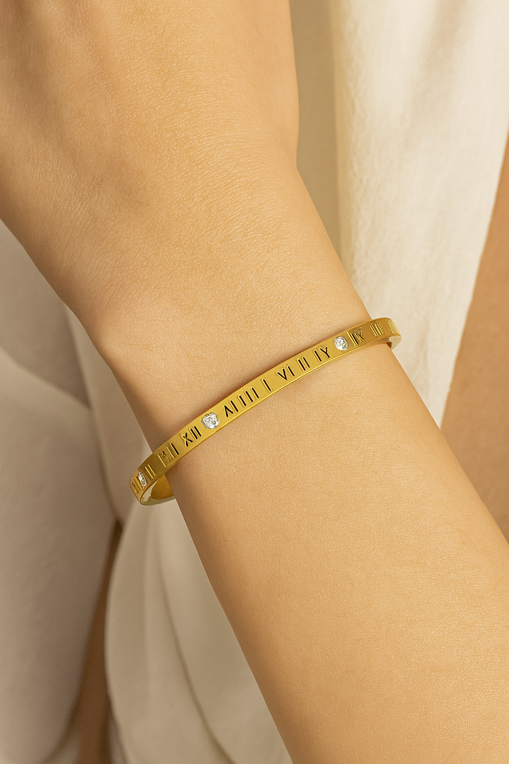 18K Gold Plated Roman Numeral Bangle with Crystals