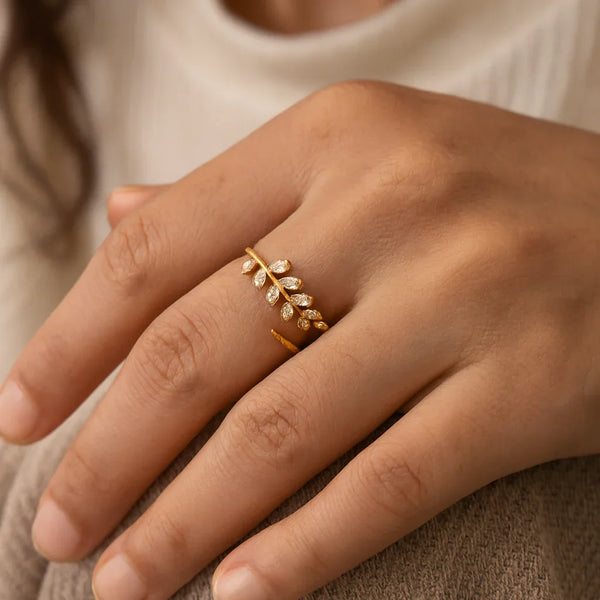 Delicate Gold Plated Adjustable Leaf Ring with Cubic Zirconia