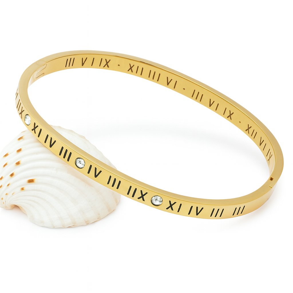 18K Gold Plated Roman Numeral Bangle with Crystals