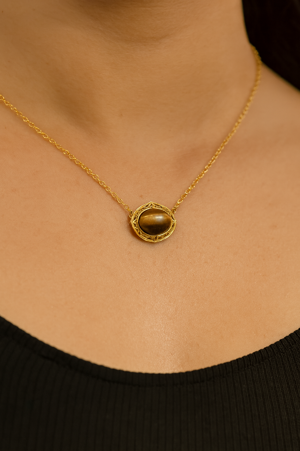 18K Gold Plated Stainless Steel Pendant with Tiger’s Eye Stone