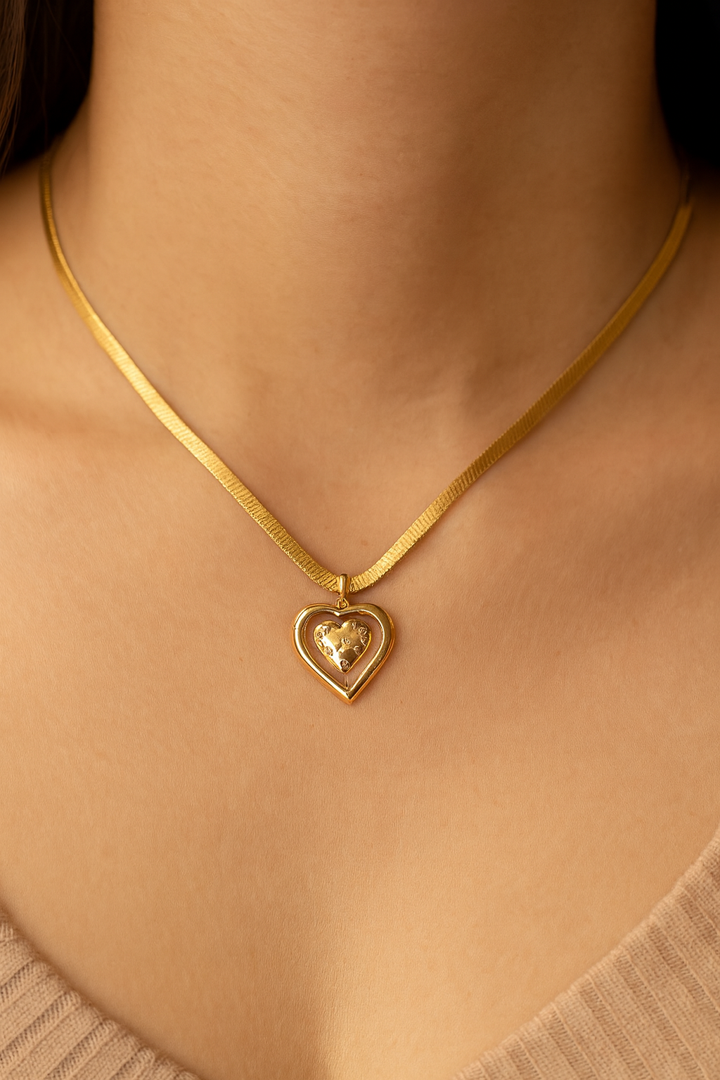 Double Heart Pendant Necklace with Snake Chain
