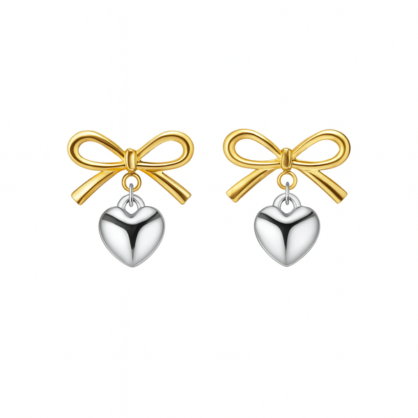Golden Bow Heart Drop Earrings