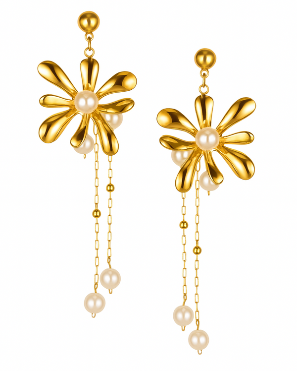 Golden Bloom Pearl Drop Earrings