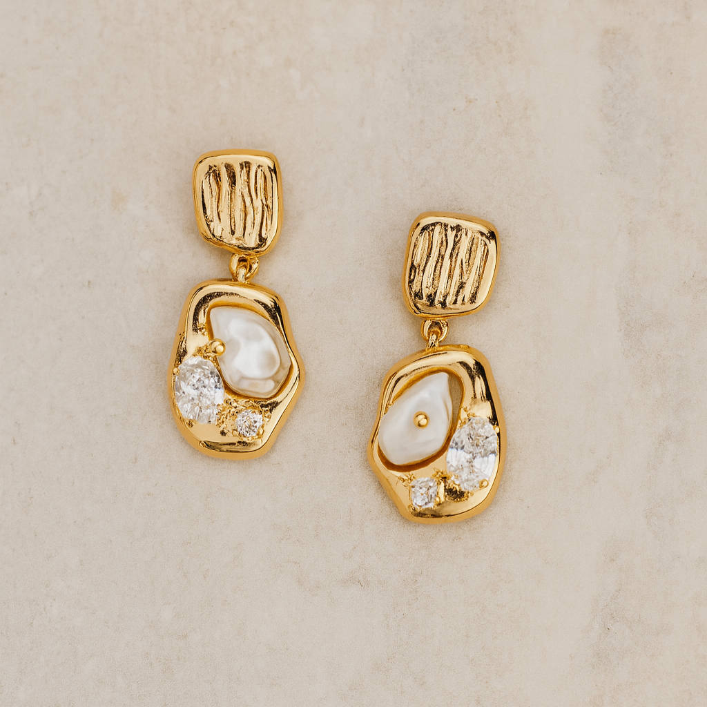 Textured Gold Pearl Drop Earrings with CZ Stones.