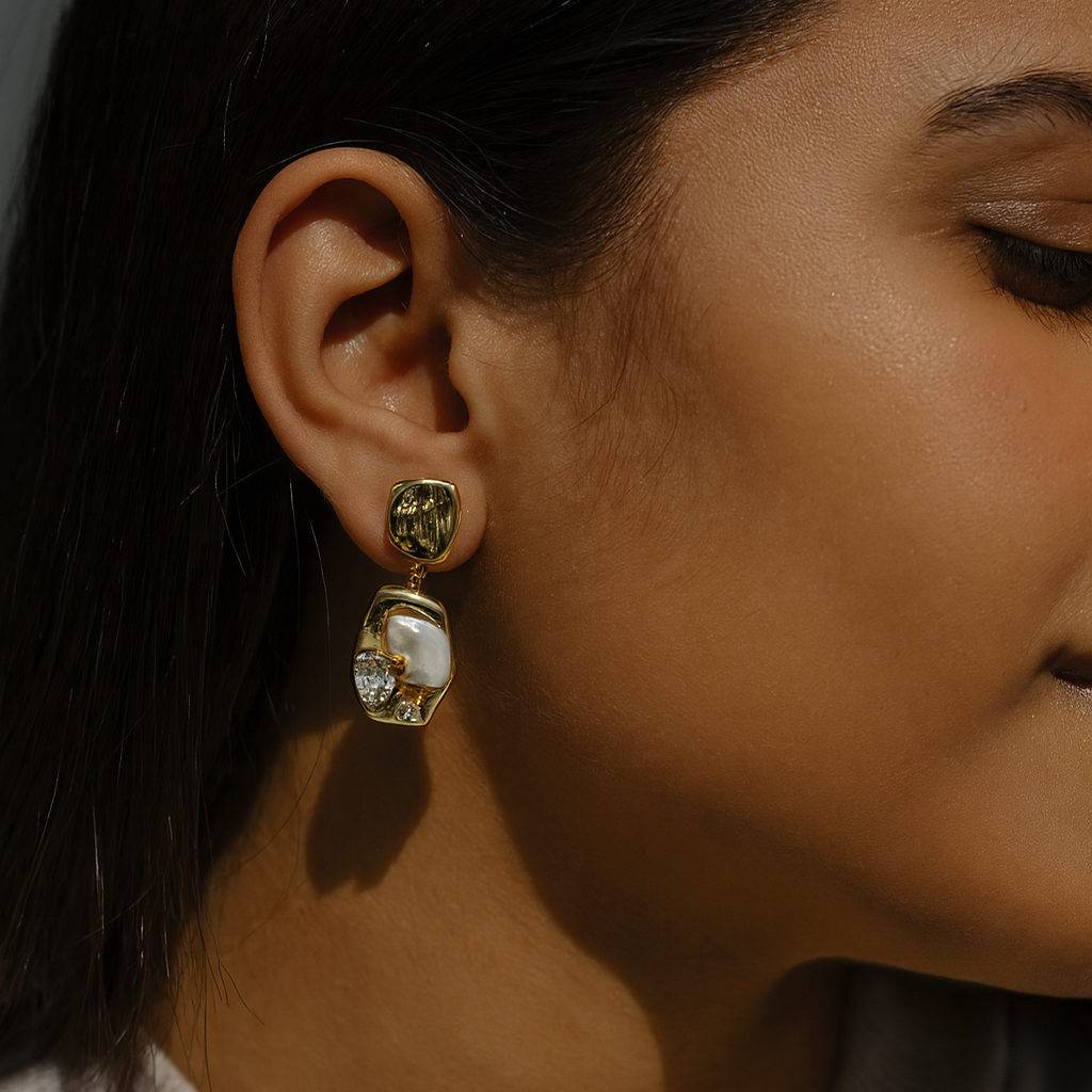 Textured Gold Pearl Drop Earrings with CZ Stones.