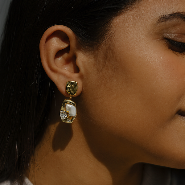 Textured Gold Pearl Drop Earrings with CZ Stones.