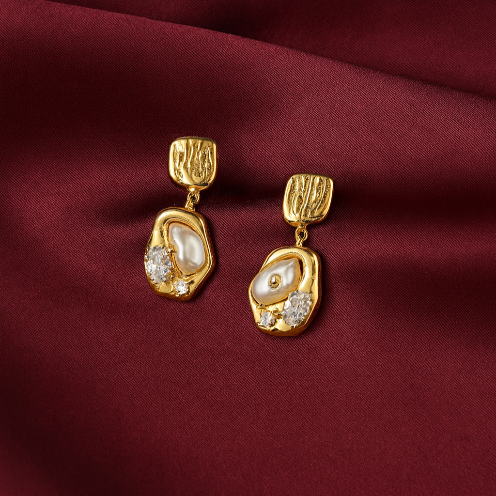 Textured Gold Pearl Drop Earrings with CZ Stones.