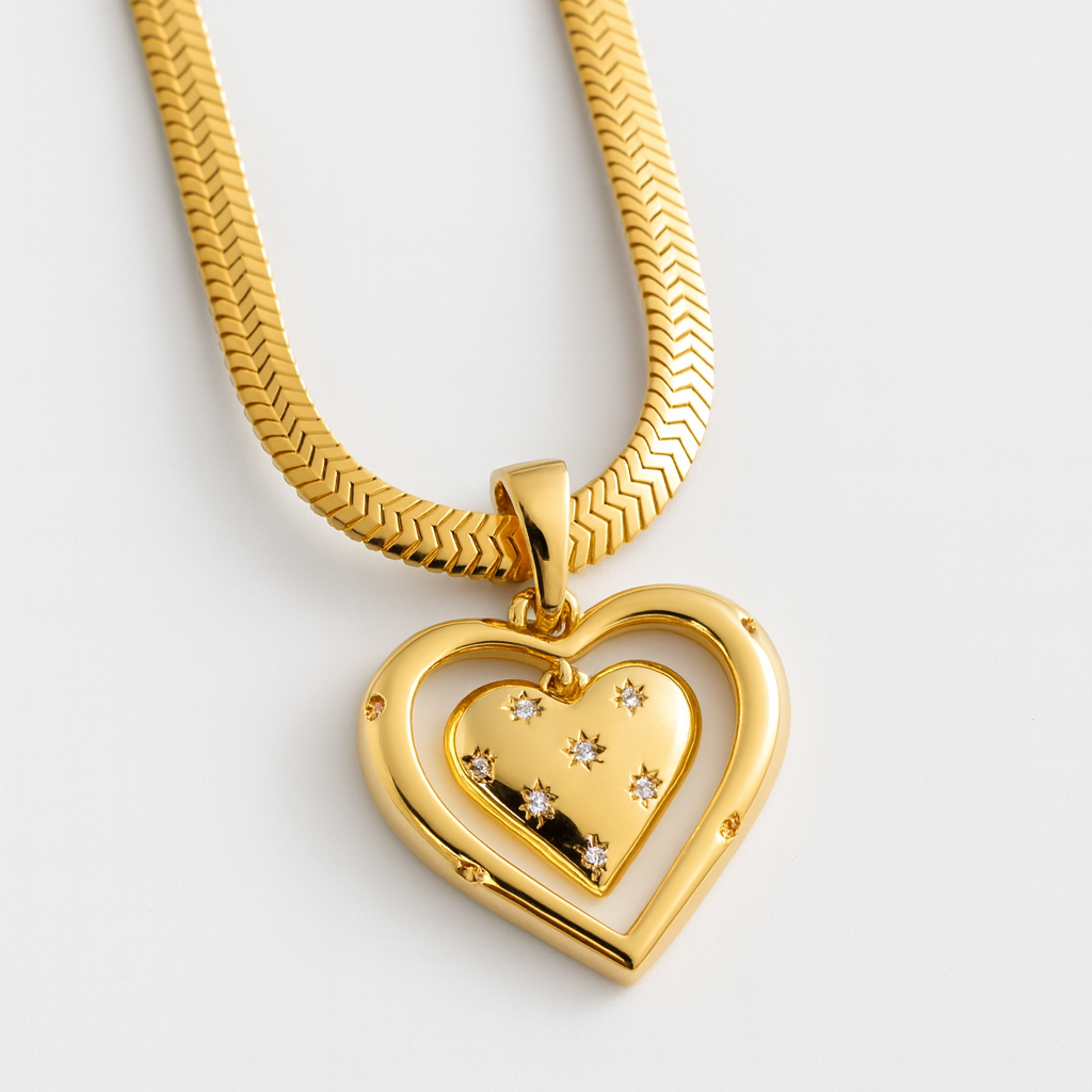 Double Heart Pendant Necklace with Snake Chain