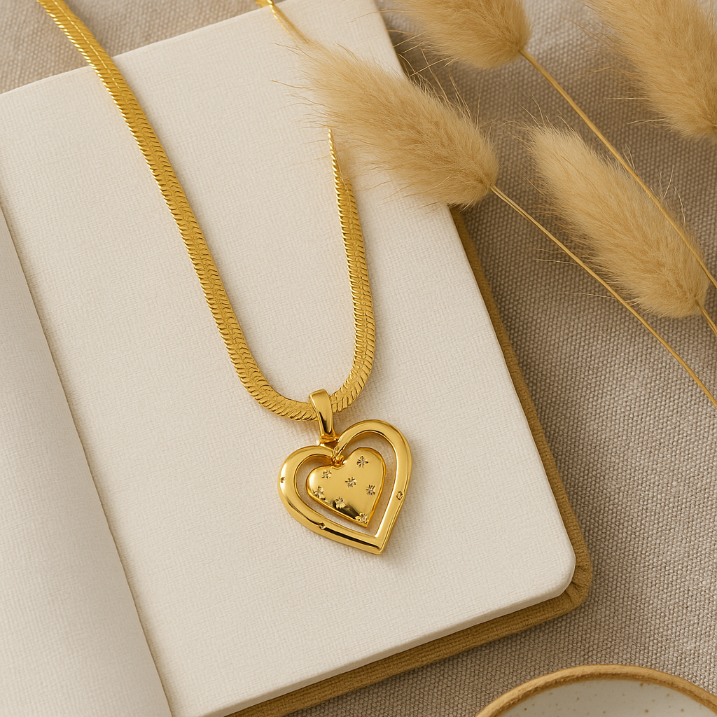 Double Heart Pendant Necklace with Snake Chain