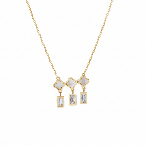 The Elegance Trio: Clover & Crystal Drop Necklace