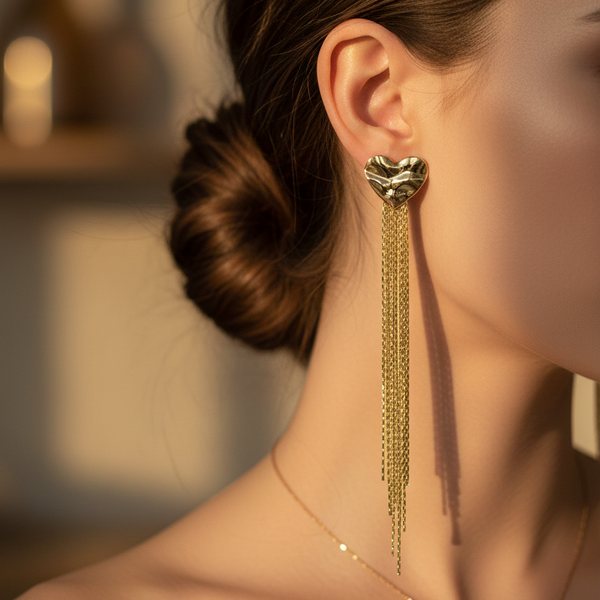 Golden Heart Tassel Drop Earrings