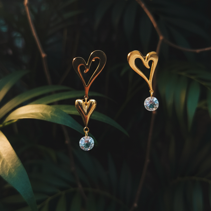 Heart Earrings with CZ Stone Drop