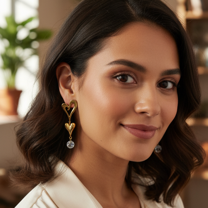 Heart Earrings with CZ Stone Drop