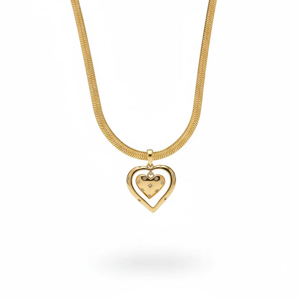 Double Heart Pendant Necklace with Snake Chain