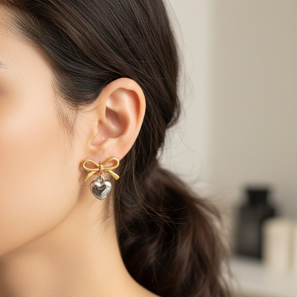 Golden Bow Heart Drop Earrings
