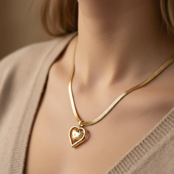 Double Heart Pendant Necklace with Snake Chain