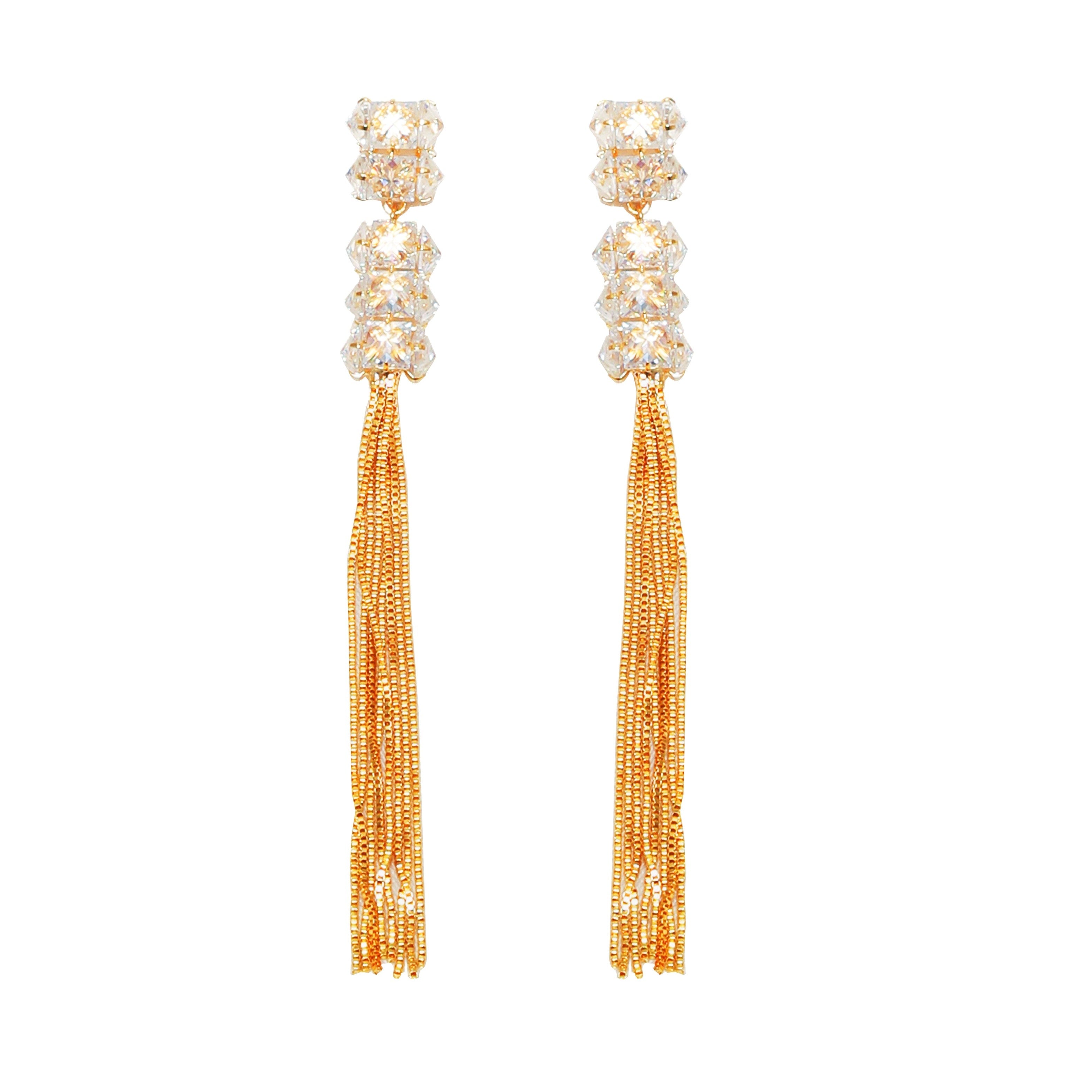 Dazzling Tassel Drop Earrings with CZ Stones