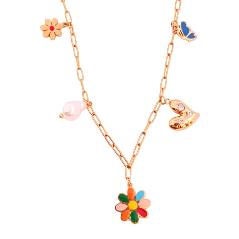 18K Gold Plated Link Chain with Colorful Multi-Charm Pendants