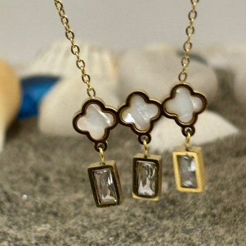 The Elegance Trio: Clover & Crystal Drop Necklace