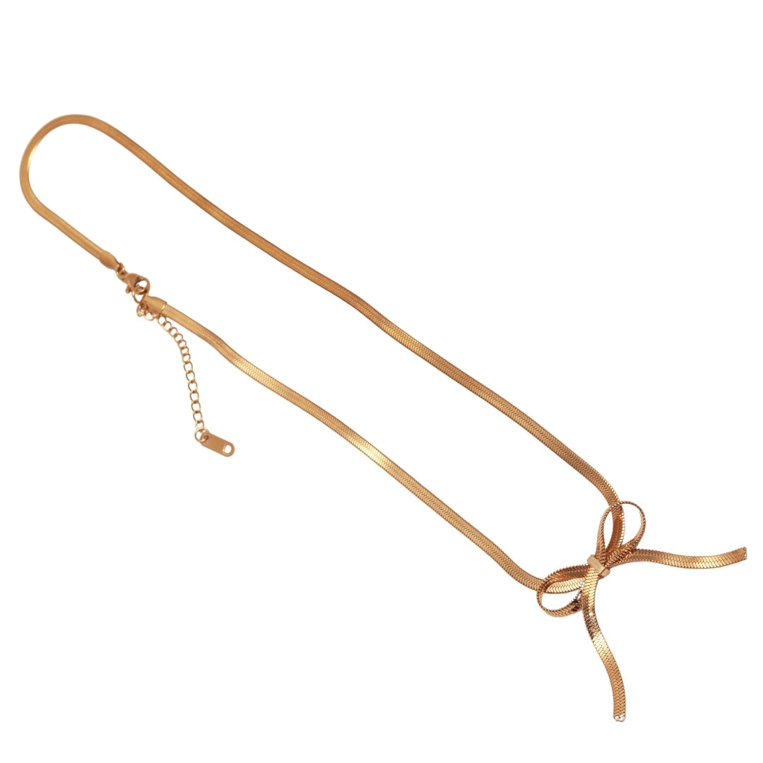 18K Gold-Finished Bow Pendant Necklace with Snake Chain
