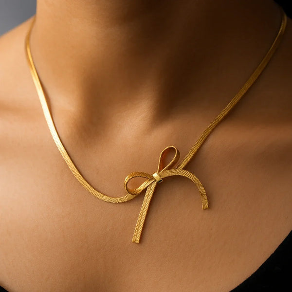 18K Gold-Finished Bow Pendant Necklace with Snake Chain